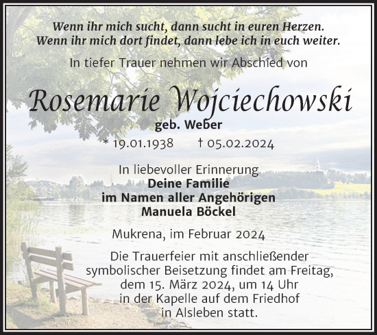 Traueranzeige von Rosemarie Wojciechowski von Trauerkombi Bernburg