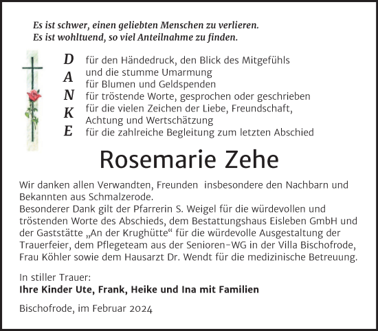 Traueranzeige von Rosemarie Zehe von Trauerkombi Mansfelder Land