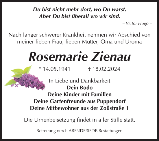 Traueranzeige von Rosemarie Zienau von Volksstimme Magdeburg