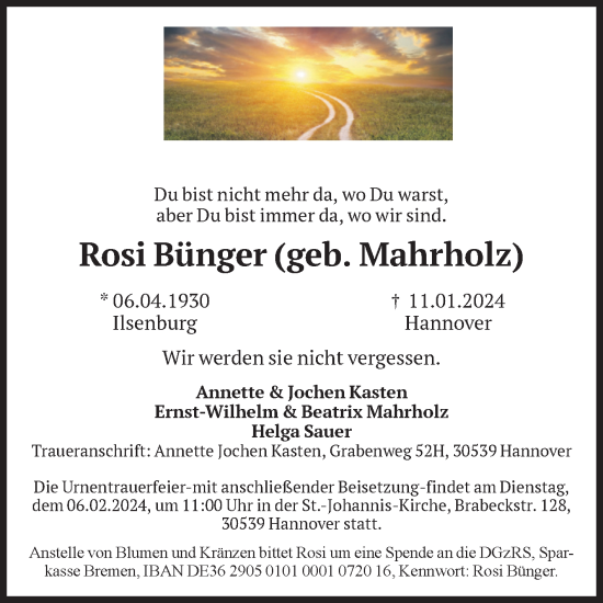 Traueranzeige von Rosi Bünger von Volksstimme Wernigerode