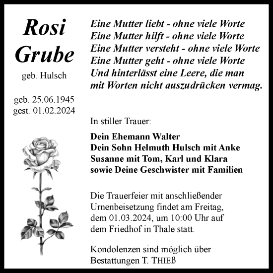 Traueranzeige von Rosi Grube von Trauerkombi Quedlinburg