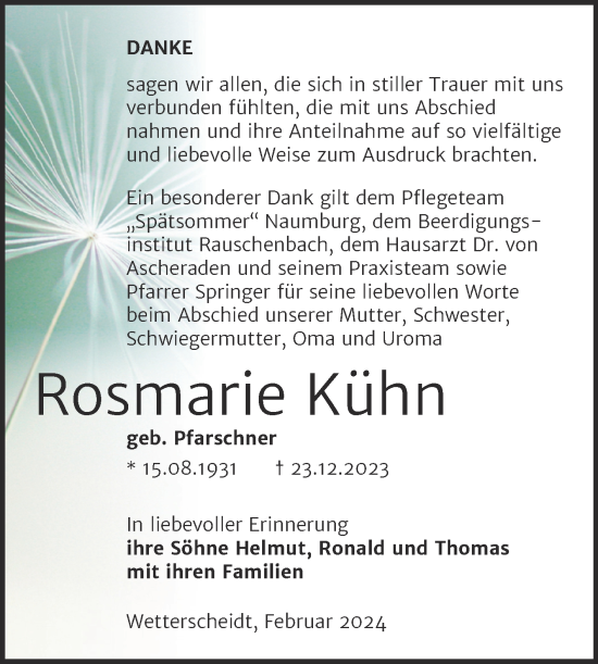 Traueranzeige von Rosmarie Kühn von Naumburger Tageblatt