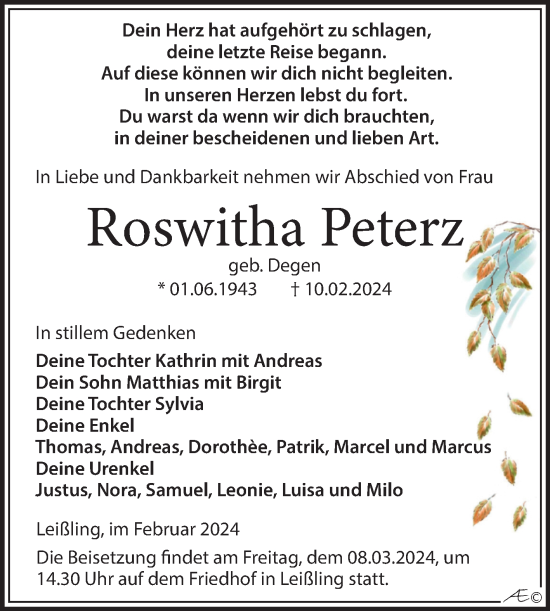 Traueranzeige von Roswitha Peterz von Trauerkombi Weißenfels