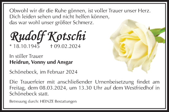 Traueranzeige von Rudolf Kotschi von Volksstimme Schönebeck