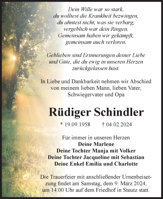 Traueranzeige von Rüdiger Schindler von Volksstimme Zerbst