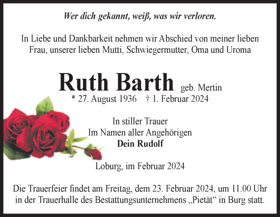 Traueranzeige von Ruth Barth von Volksstimme Zerbst