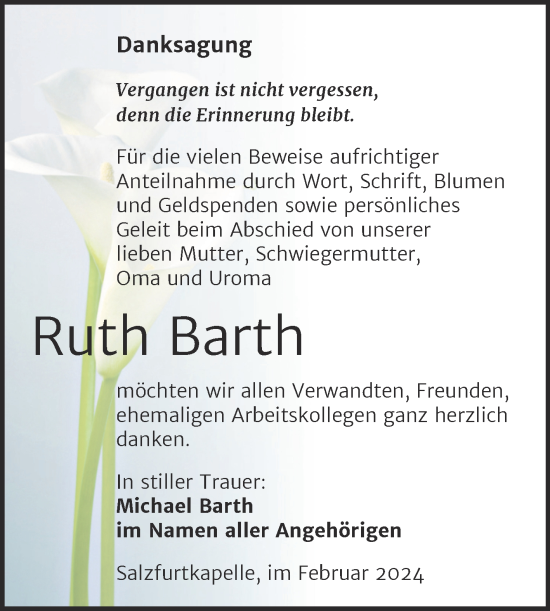 Traueranzeige von Ruth Barth von Trauerkombi Bitterfeld
