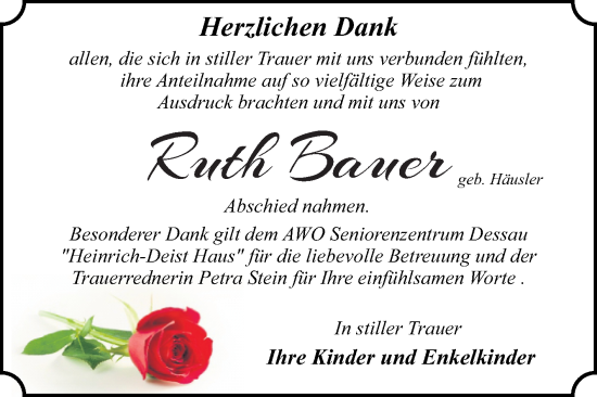 Traueranzeige von Ruth Bauer von Trauerkombi Dessau