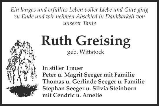 Traueranzeige von Ruth Greising von Volksstimme Altmark Ost
