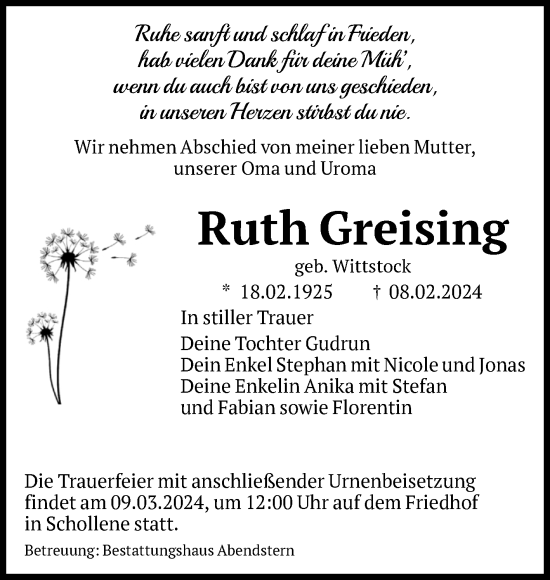 Traueranzeige von Ruth Greising von Volksstimme Altmark Ost