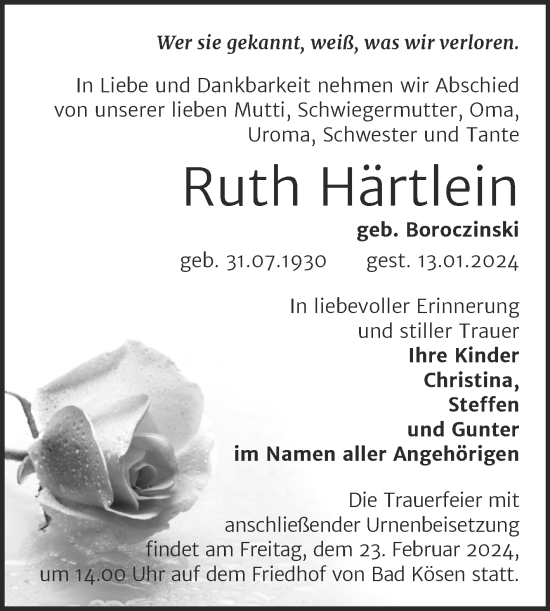 Traueranzeige von Ruth Härtlein von Naumburger Tageblatt