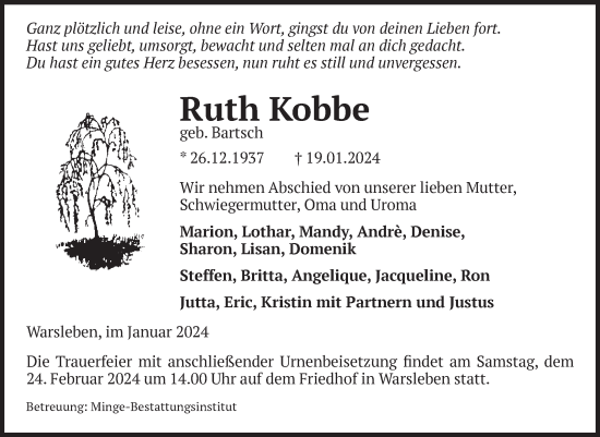 Traueranzeige von Ruth Kobbe von Volksstimme Oschersleben/Wanzleben