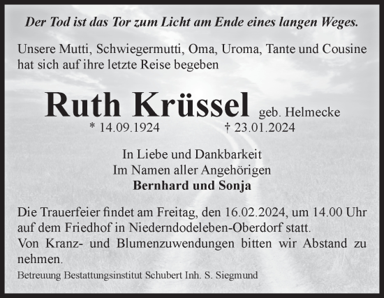 Traueranzeige von Ruth Krüssel von Volksstimme Magdeburg