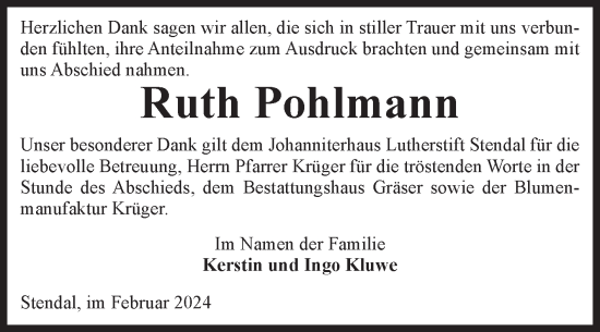 Traueranzeige von Ruth Pohlmann von Volksstimme Altmark Ost