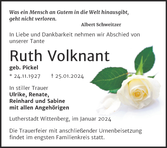 Traueranzeige von Ruth Volknant von Trauerkombi Wittenberg