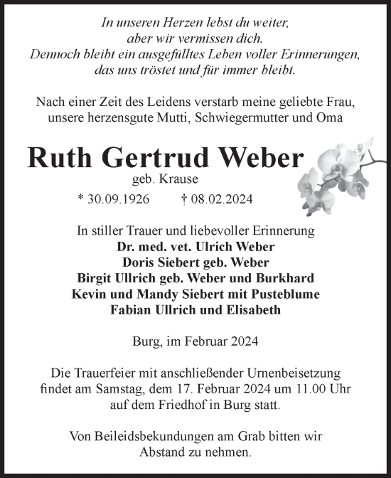 Traueranzeige von Ruth Gertrud Weber von Volksstimme Burg/Genthin