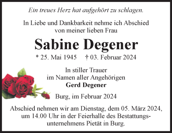 Traueranzeige von Sabine Degener von Volksstimme Burg/Genthin