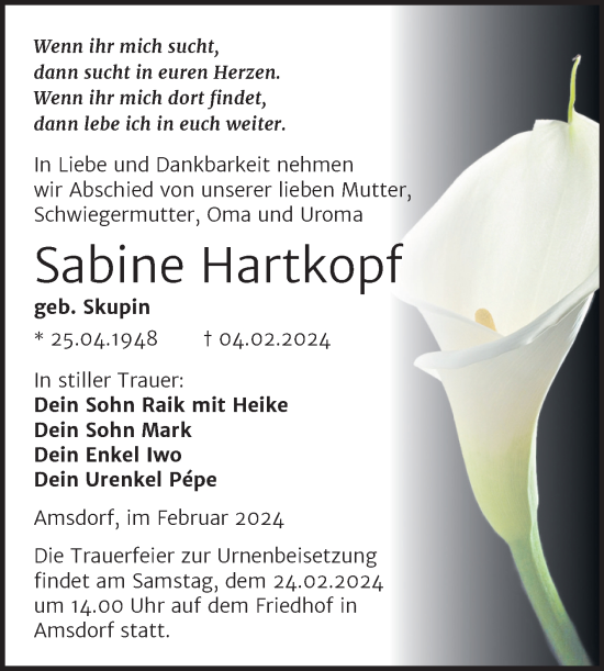 Traueranzeige von Sabine Hartkopf von Trauerkombi Mansfelder Land