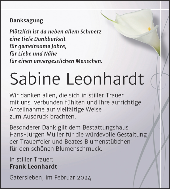 Traueranzeige von Sabine Leonhardt von Trauerkombi Aschersleben