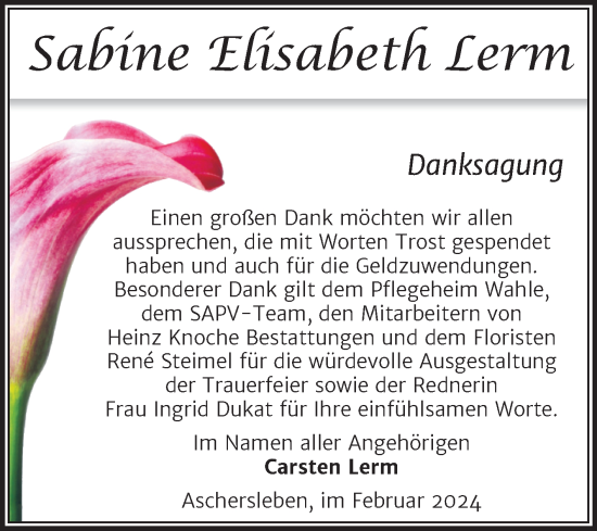 Traueranzeige von Sabine Elisabeth Lerm von Trauerkombi Aschersleben