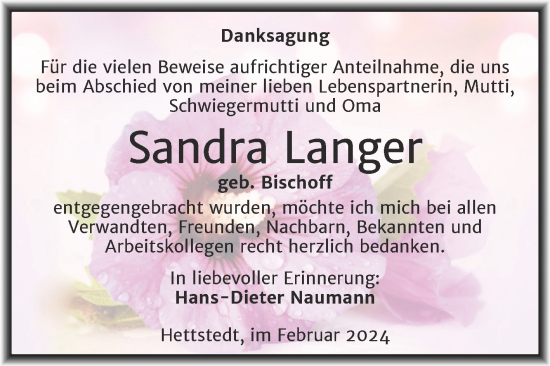 Traueranzeige von Sandra Langer von Trauerkombi Mansfelder Land