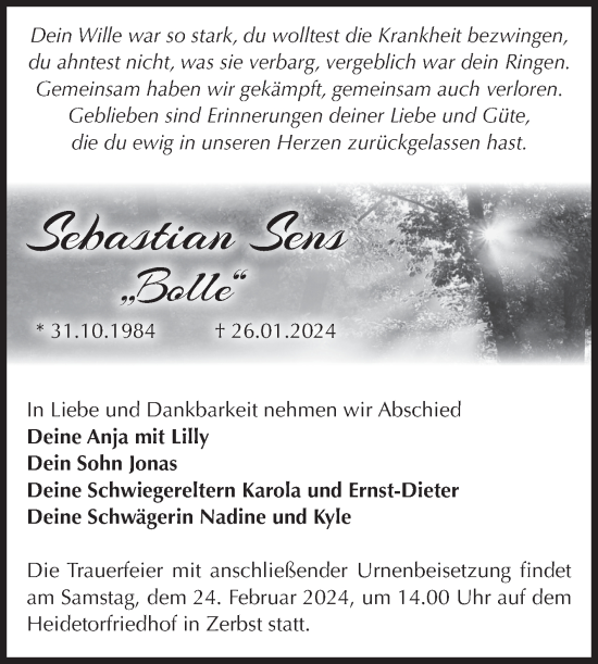 Traueranzeige von Sebastian Sens von Volksstimme Zerbst