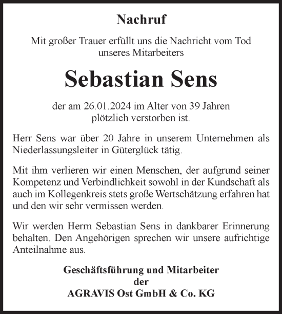 Traueranzeige von Sebastian Sens von Volksstimme Zerbst