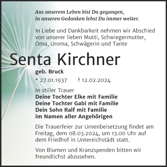 Traueranzeige von Senta Kirchner von Trauerkombi Merseburg