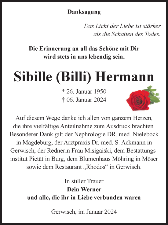Traueranzeige von Sibille Hermann von Volksstimme Burg/Genthin