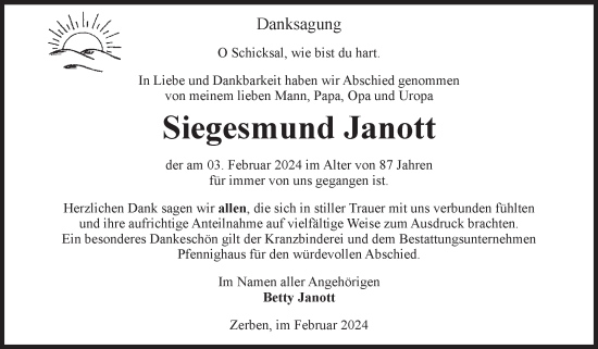 Traueranzeige von Siegesmund Janott von Volksstimme Burg/Genthin
