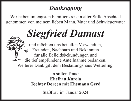 Traueranzeige von Siegfried Damast von Volksstimme Staßfurt