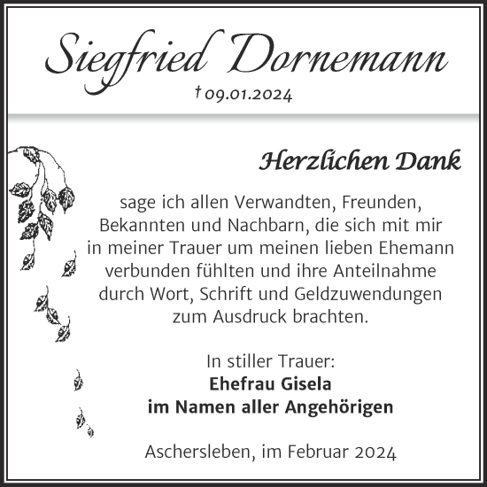 Traueranzeige von Siegfried Dornemann von Trauerkombi Aschersleben