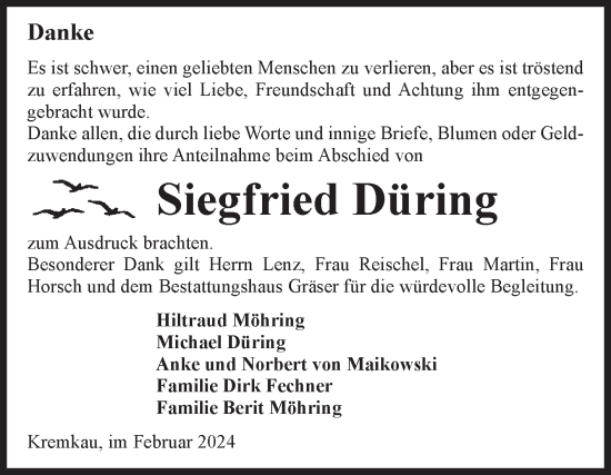 Traueranzeige von Siegfried Düring von Volksstimme Altmark Ost