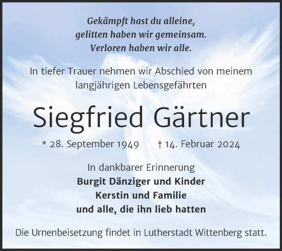 Traueranzeigen von Siegfried Gärtner www.abschiednehmen.de
