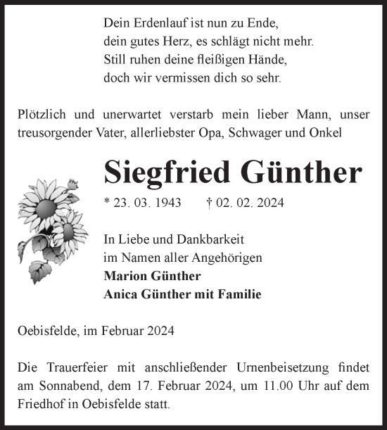 Traueranzeige von Siegfried Günther von Volksstimme Altmark West