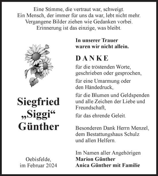 Traueranzeige von Siegfried Günther von Volksstimme Altmark West