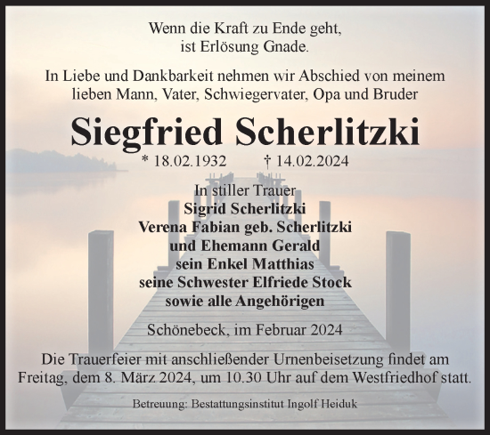 Traueranzeige von Siegfried Scherlitzki von Volksstimme Schönebeck