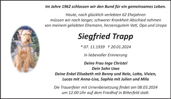 Traueranzeige von Siegfried Trapp von Trauerkombi Bitterfeld