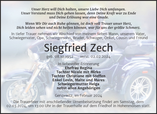 Traueranzeige von Siegfried Zech von Trauerkombi Weißenfels