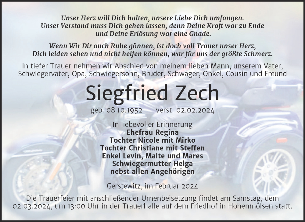  Traueranzeige für Siegfried Zech vom 17.02.2024 aus Trauerkombi Weißenfels