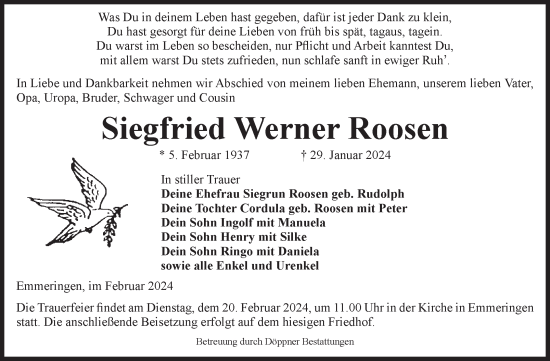 Traueranzeige von Siegfried Werner Roosen von Volksstimme Oschersleben/Wanzleben