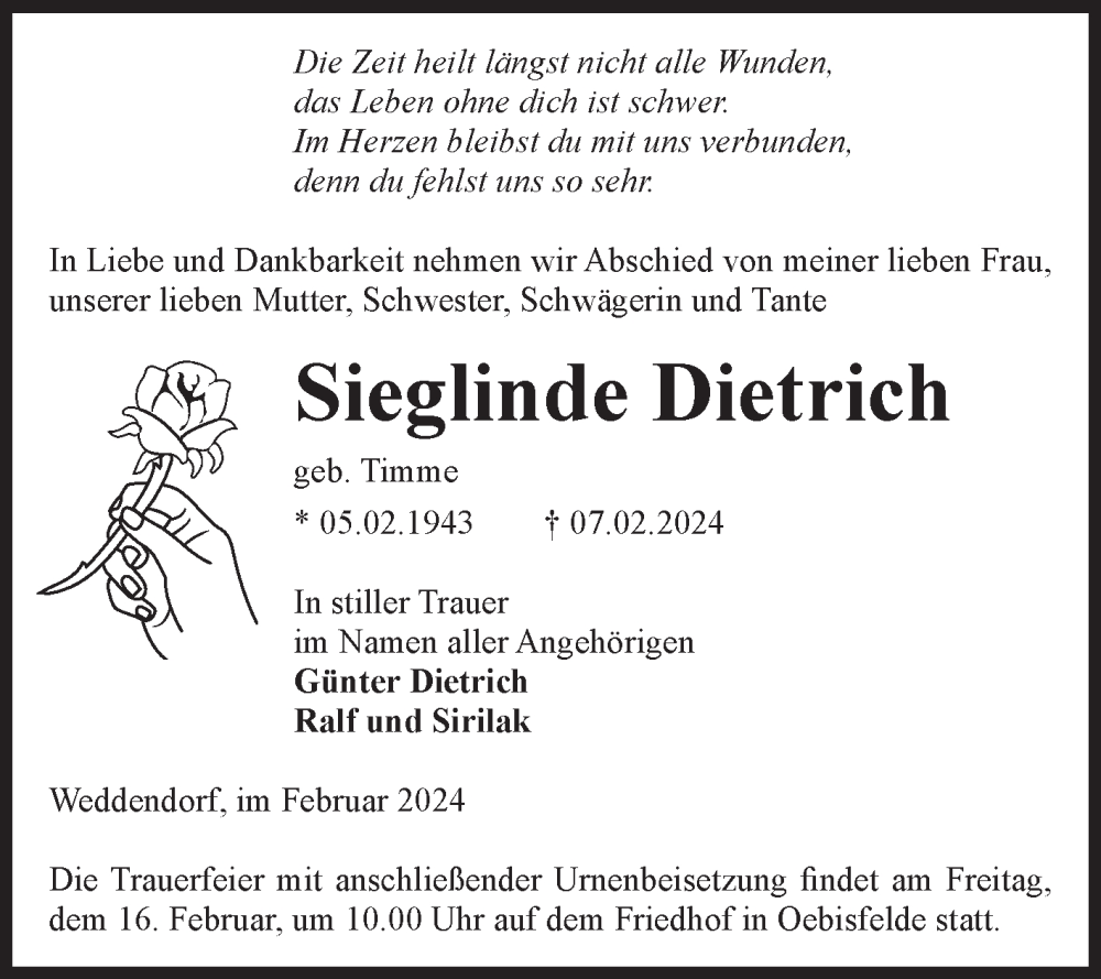  Traueranzeige für Sieglinde Dietrich vom 10.02.2024 aus Volksstimme Altmark West
