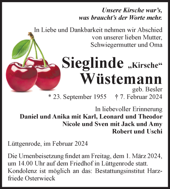 Traueranzeige von Sieglinde Wüstemann von Volksstimme Halberstadt