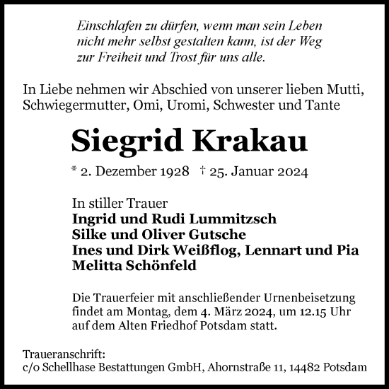 Traueranzeige von Siegrid Krakau von Volksstimme Altmark Ost