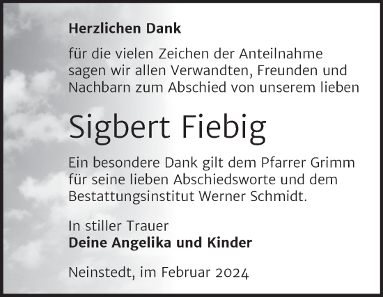 Traueranzeige von Sigbert Fiebig von Trauerkombi Quedlinburg