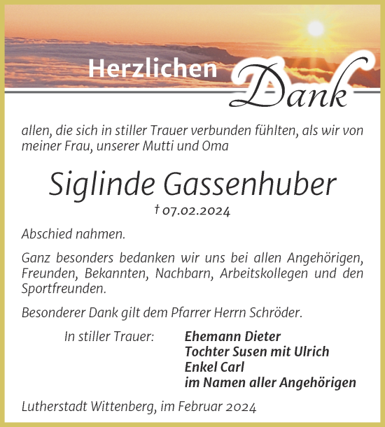 Traueranzeige von Siglinde Gassenhuber von Trauerkombi Wittenberg