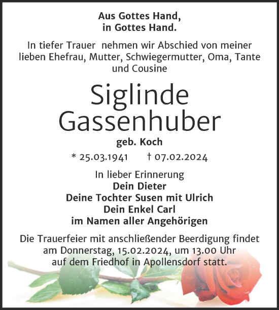 Traueranzeige von Siglinde Gassenhuber 