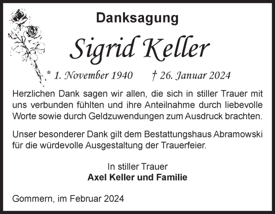 Traueranzeige von Sigrid Keller von Volksstimme Burg/Genthin