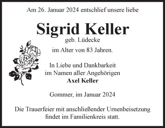 Traueranzeige von Sigrid Keller von Volksstimme Burg/Genthin