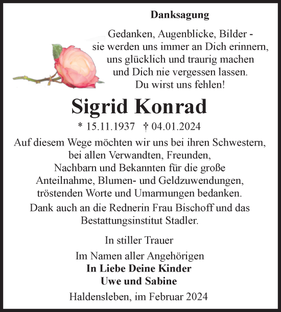 Traueranzeige von Sigrid Konrad von Volksstimme Haldensleben/Wolmirstedt